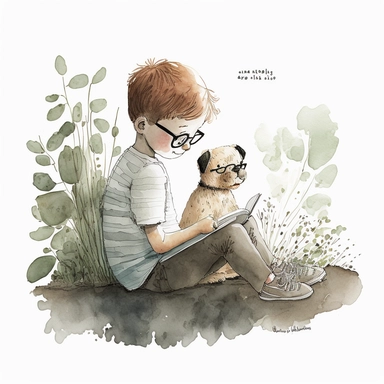 a dog sitting next to a young boy reading a book, watercolor and ink drawing, clipart, happy, gentle smile, beautiful watercolor ink wash coloring, thick pencil lines, Jon klassen, Adrian tomine, popular on etsy, watercolor illustrations clipart, watercolor illlustrations for kids and children, book illustrations, plain white background