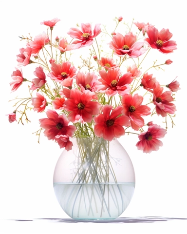 detailed vibrant watercolor bouquet of red cosmos in round ceramic glass vase white space , isolated on white background, realistic, clipart