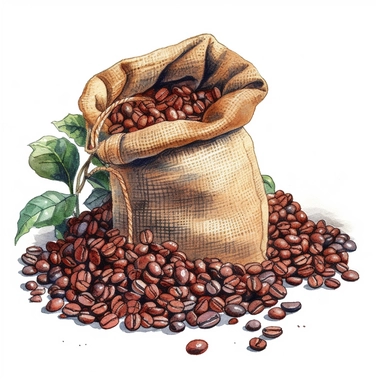 A burlap sack overflowing with rich coffee beans, with a scattering of beans (Watercolor clipart, white background, no text.)