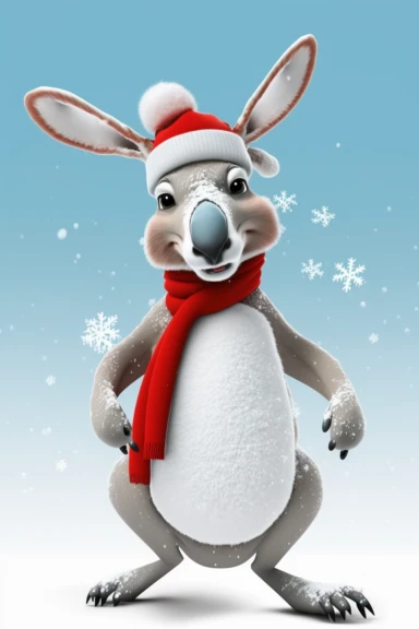 no text, winter wonderland background with snow and snowflakes, 3d whole body clipart of a smiling, friendly kangaroo, wearing a santa clause hat, christmas vibes, cartoon network style, friendly face, head unproportionally bigger than body, detailed body shape, front shot, insanely big shiny eyes, caricatured face, insanely glossy, plastic like fur and skin, unrealistic, 8k photography, cinematic, super cute face, Photography, Ultra-Wide Angle, Depth of Field, hyper-detailed, beautifully color-