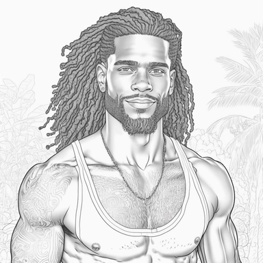monochrome classic coloring book page of full body head to toe clipart style of smiling, handsome African American man with smooth skin no blemish, he has round detailed eyes, chiseled face with hair, very muscular, tank top, hyper realistic, hyper detailed, hair is short curly dreadlocks, wearing a full African outfit, line art, 8k polished focused photography, there is no background on this image