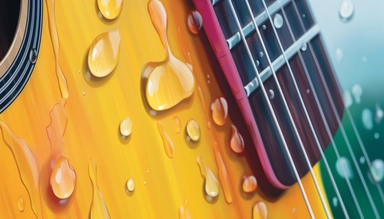ultra sharp clip art illustration of an classic guitar, extreme macro closeup, zoomed in, low angle, rainy waters, black scaled with watercolor pencil, realistic drawing ink, pale rainbow colors, HD, UHD resolution, 8k