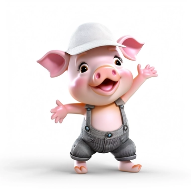 Nursery safari animal, clipart, pig, cute, white background, no text, no words, wearing a pink hat, dancing, happy,