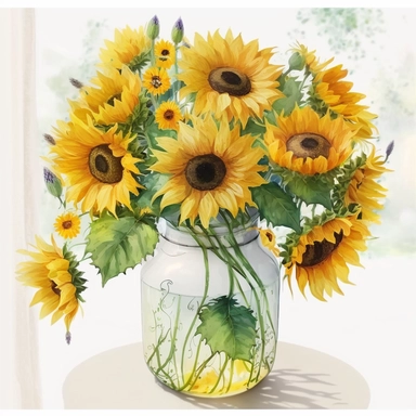 clipart illustration of watercolor sunflowers in a decorative glass vase, vector, all white background