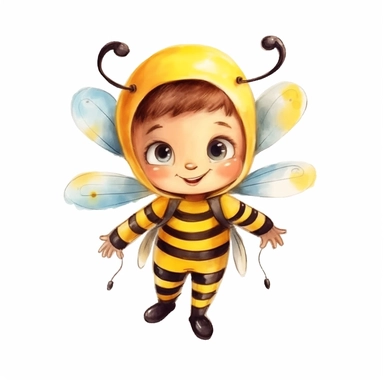 cute kid wearing Bee costumes and with happy face,front facing on isolated background,with happy face and expression,Animal Sublimation Clipart,no splash watercolor,white background, ultra detailed clipart, cut out image, colorful watercolor realistic, cartoon style, ultra HD, sharp and clean art
