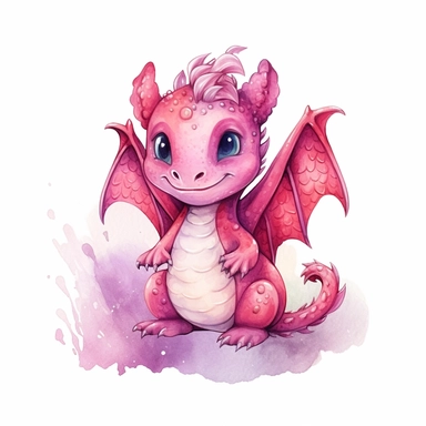 Watercolor fantasy baby dragon clipart full body, flying and sitting, dark pink color palette, hand painted, white background