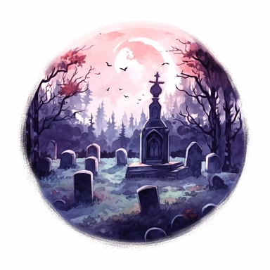 Scary haunted graveyard, watercolor, clipart, white background, grotesque, sketchfab, under the moonlight, eerie color scheme, closeup