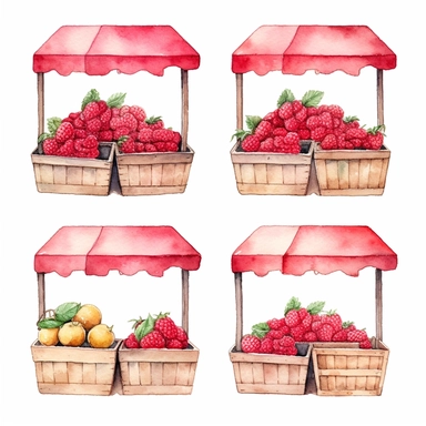 watercolor A clip art 4 set of images featuring a cute farmers market stall with raspberries isolated white background, minimalist, 8K