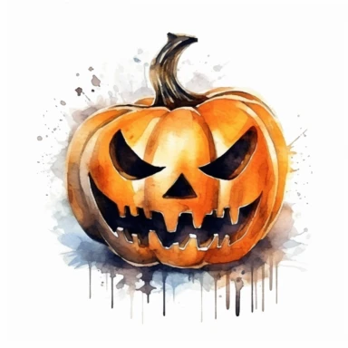 watercolor of jack-o-lantern, beautiful and spooky, diffused lighting, clipart on solid white background