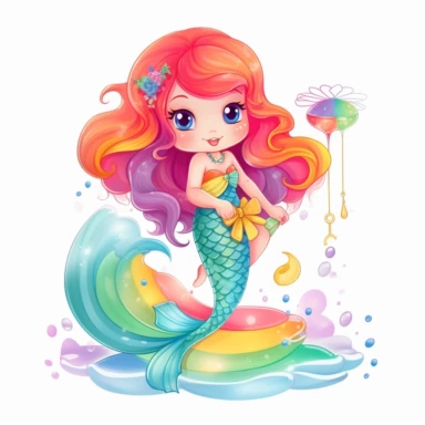 A cute adorable beautiful ariel mermaid with rainbow colors, cartoon, clip art, white background