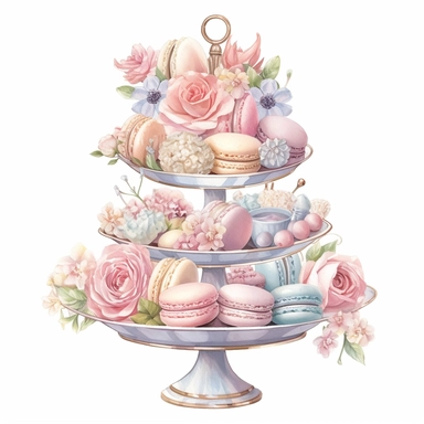 Clipart, Watercolor, Blush Floral Shabby Chic Tier Candy Tray with Sweets, Macarrons, Cakes and Cupcakes, light colors, hand-draw, texture