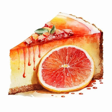 Watercolor one grapefruit cake slice Clipart, citrus grapefruit, vibrant color, high details, white background, no text