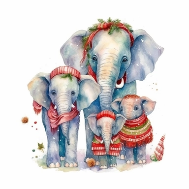 charming family of 4 elephant, Christmas morning, festive decor and mood, ornamental watercolor, clipart