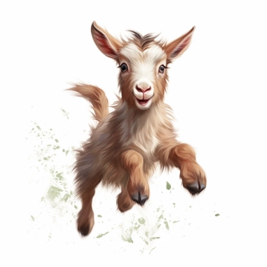 baby goat jumping, digital painting and drawing, clipart, full body, hyper - realistic animal illustration, childlike, free brushwork, white background