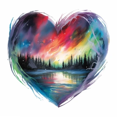 painting of a heart with the northern lights inside of it, in the style of enchanting realms, nature-inspired installations, bloomcore, mesmerizing colorscapes, skillful, fluid and organic, clipart, blank white background