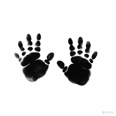 black svg clipart picture of 2 cute baby handprints on a white background, white crinkled chubby baby handprints, no shading , very realistic, left hand and right hand, small baby hands, as if baby painted their hands black and stamped their hands on white paper, cute, simple black graphic illustration