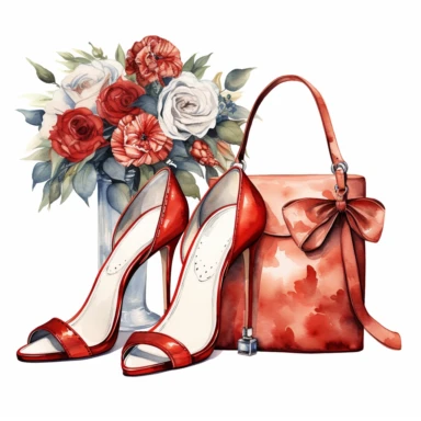 watercolor clipart of vintage red and white two high-heeled shoes and a small handbag, floral, color pencil drawing, nice composition, vector, outline, isolated white background, 16k