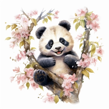 a cute happy laughing baby panda sitting proudly on a spring branch, teacher, with a few spring blossoms and leaves framing the scene, vivid colors, watercolor by thomas w. shaller, clipart, white background, no watermark, 8k, super resolution, megapixel