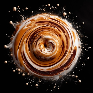 a spiral galaxy seen from above, made of milk, melted chocolate, cappuccino and honey, clipart, black background