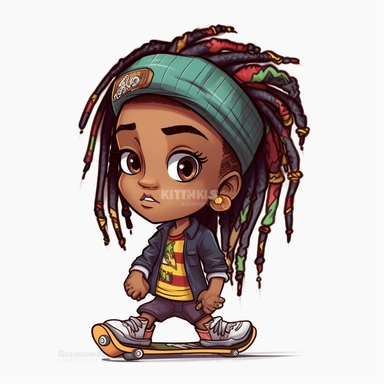 Black girl clipart, chibi, with Dreadlocks, skateboarding, white background, punker clothing, african colors, vector style, 4k, ultra detailed, sharp focus,