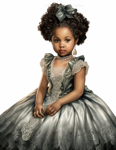 gorgeous african american baby girl with green eyes in vintage victorian dress, clipart, Composition: Relaxed position with intricate high hairstyle, Style: gothic, white background, hyperrealism, 32k
