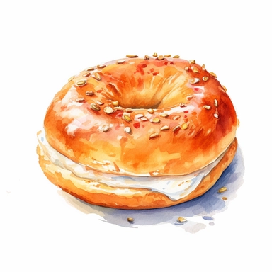 realistic bagel with cream cheese watercolor clipart on white background