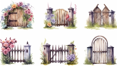 watercolor clipart set illustrations of beautiful intricate country farm wooden gates with flowers on white background
