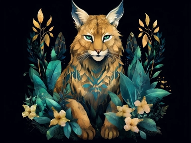 deep emerald gold watercolor Lynx with flowers plants clipart, golden metallic lines and some glitter, shining colors, dark background, 8k, high resolution