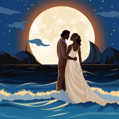 Caucasian bride and African groom, sharing a romantic moment on a moonlit beach, the sound of waves adding to their serenity, vibrant colors, Pixar style, Clipart on a white background.