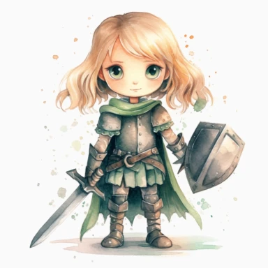 Clipart of a cute little girl brave warrior. He is blonde with green eyes. The background is watercolour and sparkly. Cute and modern knight outfit. full body