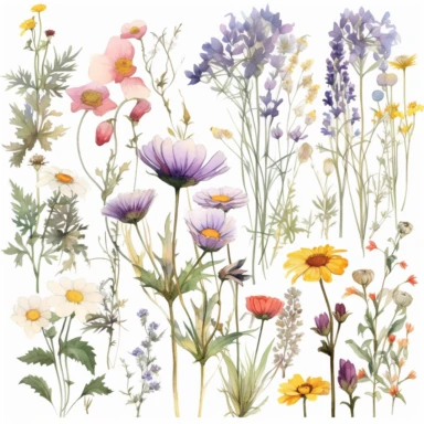 Create a clipart collection featuring a variety of wildflowers found in meadows and fields. Include flowers like daisies, poppies, and lavender. Use a range of colors to bring out the diversity of these flowers, and incorporate light washes and splatters to give the clipart a free and organic feel. white background