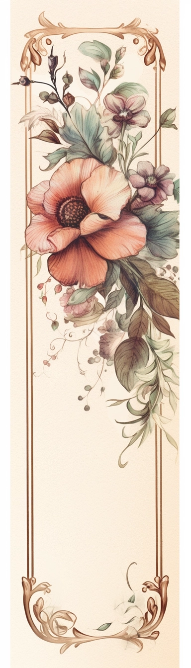 vintage inspired printable rectangle label with intricate sepia colored borders and hand drawn details. detailed with soft watercolor flowers at top edge only. No text. Isolated clipart on solid white background