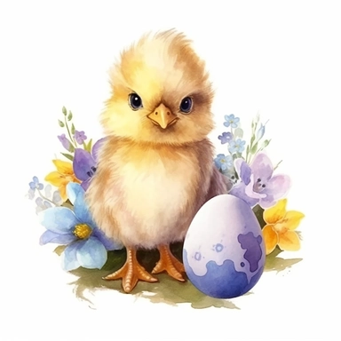 cute baby chick with painted easter egg and flowers, watercolor clipart, botanical illustration, isolated white background, vector, 8k