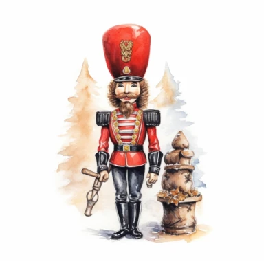 Christmas Nutcracker, Red and Black, colors in watercolor pencil drawing style, on a white background, walnuts near the nutcracker, clipart, high details, hdr, hyperrealism