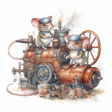 Two mischievous mice tinkering with a miniature steam-powered engine, surrounded by tiny tools and scattered blueprints. Watercolor clipart in HD on a white background.