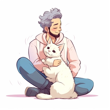 Clip art of a man and a cute cream-colored cat getting along well.