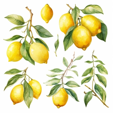 Watercolor clipart vibrant big branch with lush green leaves , The watercolor medium beautifully captures the essence of lemons, with their bright yellow hues blending seamlessly into subtle gradients, creating a sense of depth and texture. The delicate brushstrokes bring out the natural curves and contours of the lemons, while the leaves add a touch of organic elegance to the composition. These watercolor lemons with leaves are perfect for adding a splash of zest and vibrancy to your creative p