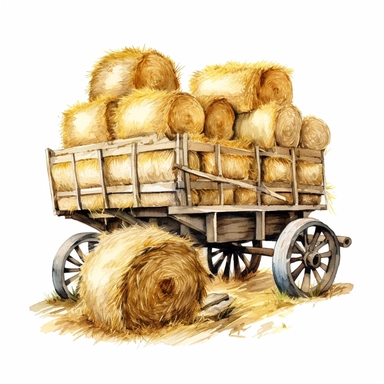 realistic watercolor drawing of a hay cart is filled with bales of hay, on a white background where the background will be removed to repurpose as a clipart.