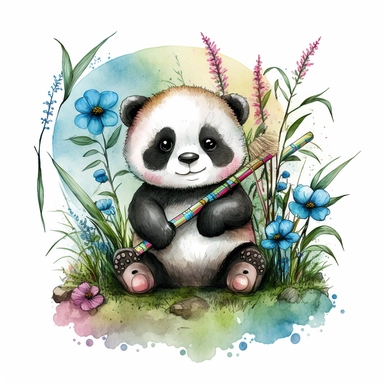 Cute watercolour panda clipart with big round eyes and rosy cheeks, holding a bamboo stick with leaves, sitting on a bed of grass with colourful flowers blooming in the background, under a bright blue sky. Artwork with watercolour pencils and pens.