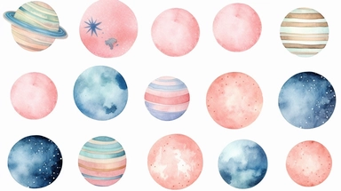 watercolor, adorable, planets, flat, baby nursery, blush pink and baby blue, clipart set, spaced apart, white background