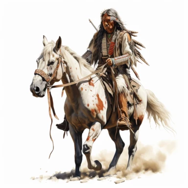 Comanche warrior on horseback, full length, clipart, white background