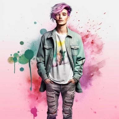 idyllic young man multicolor hair, fashion model, looking in the camera, eye contact, full body, fairytale dreamlike, clipart with watercolor splash background, with transparent background, hyper realistic, professional photography, super detailed