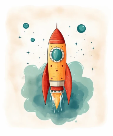 vintage 1950’s clipart of a rocket in space, in the style of a Martha Castagnoli children’s book, watercolor, line art, contour, halftone