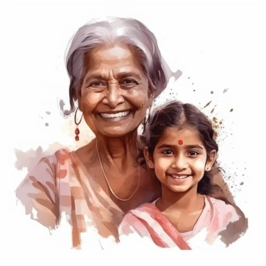 smiling old indian mom and indian daughter with watercolor effect, realistic faces, mothers day , suitable for digital clipart, magic scene, white background