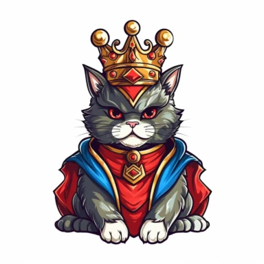 King Cat, Cartoon king cat with crown clipart, high detail, illustration style, high solution, on the white background