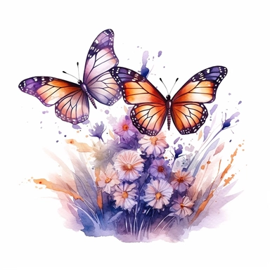watercolor style butterflies flying among delicate wildflowers isolated on white background clipart