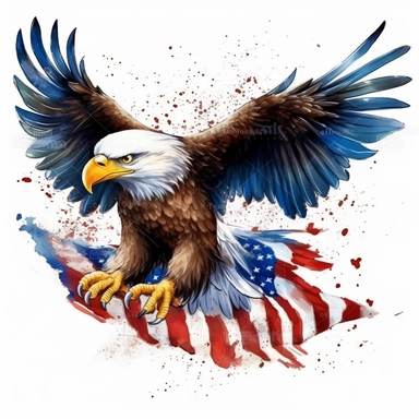 Cute Beautiful USA Patriotic Eagle Flying Flag Watercolor Sublimation Clipart,Cartoon,hyper realistic, intricate detail, illustration style,high solution,on the white background