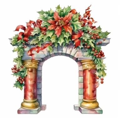 watercolor clipart of a vintage Christmas mantle, red green gold colors, isolated on white background