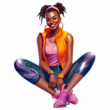 beautiful black teenage girl with beautiful pinned up hairstyle, dressed in bright colored fitness attire. Full perspective and, long shot A young black woman with full lips and a big beautiful smile, dressed in a jogger, has pinned up hairstyle and beautiful shapely legs, wearing sneakers, clipart in the style of digital airbrushing, feminine sticker art, dollcore, realistic face, realistic body, glamorous,