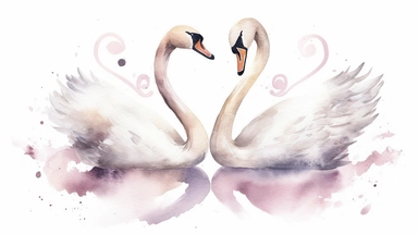Cute watercolor Clipart Love presenting a pair of graceful swans forming a heart shape with their elegant necks and intertwined bodies. The swans are depicted against a serene white background, symbolizing purity and devotion. The watercolor painting captures the swans' beauty and grace, using delicate brushstrokes and subtle shades of white and gray to evoke a sense of timeless love and serenity,